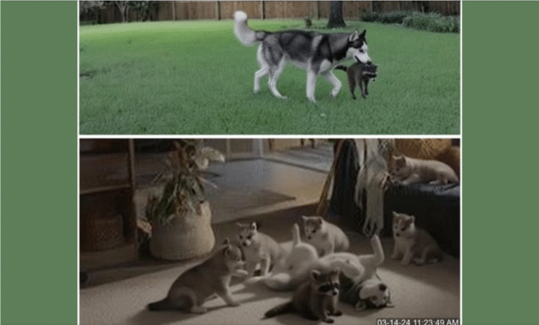 Mapache con husky dentro del hogar